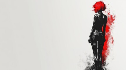 A full body fashion illustration on a white background of A fashion model with a short, sharp bob red hair. She is wearing a winter hipster outfit featuring a textured, creating a dramatic silhouette.