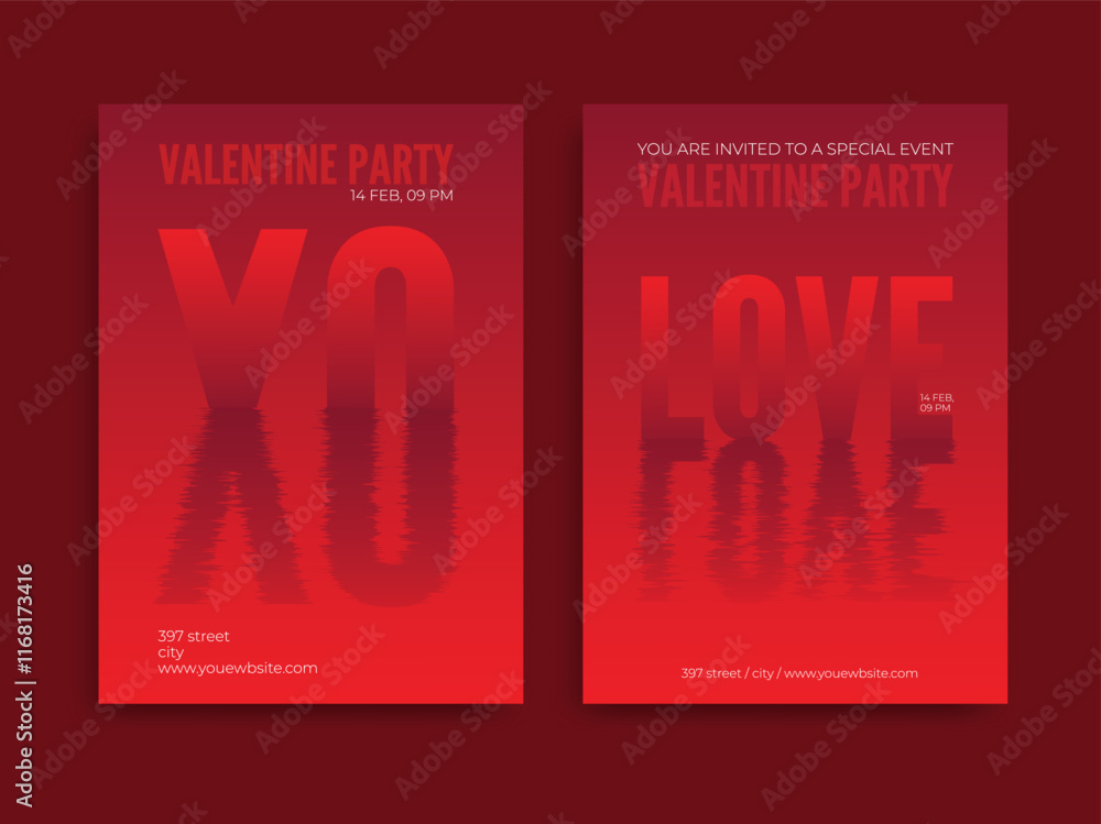 Fototapete set of valentine's day party flyers. text message with reflection on water surface on red gradient b