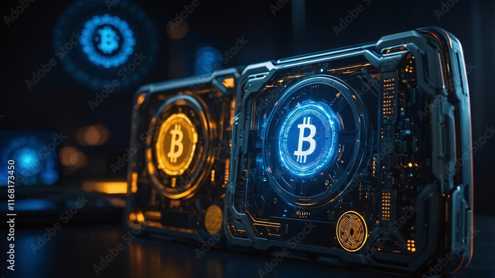 Poster bitcoin security: a futuristic concept of bitcoin security with glowing 