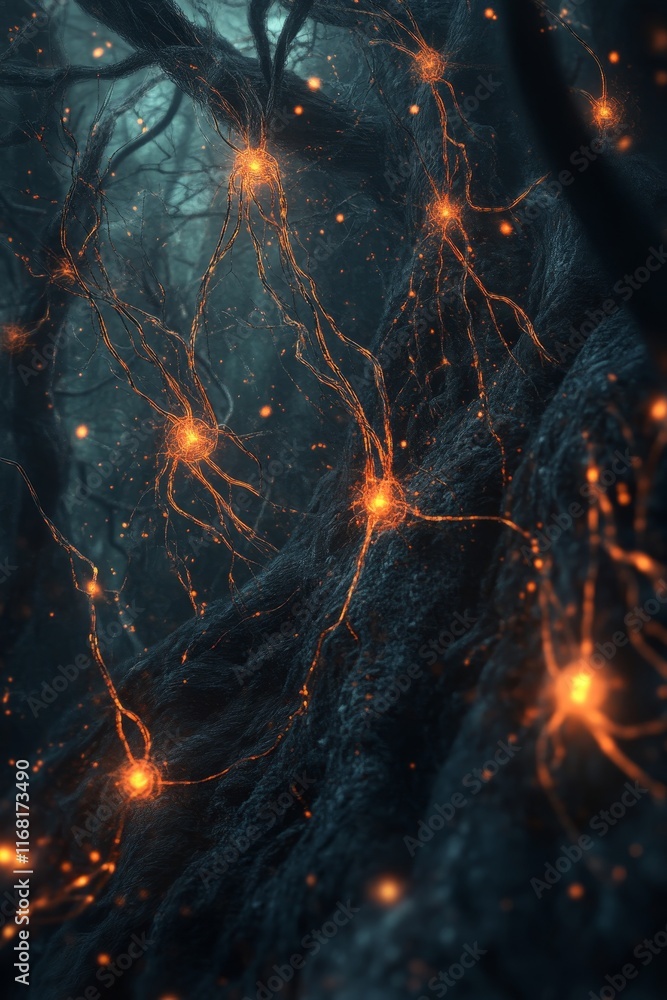Poster Glowing neural network in dark forest.