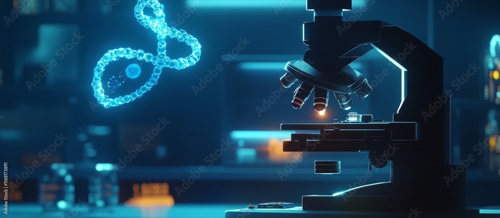 Poster microscope and dna strand in a modern lab.