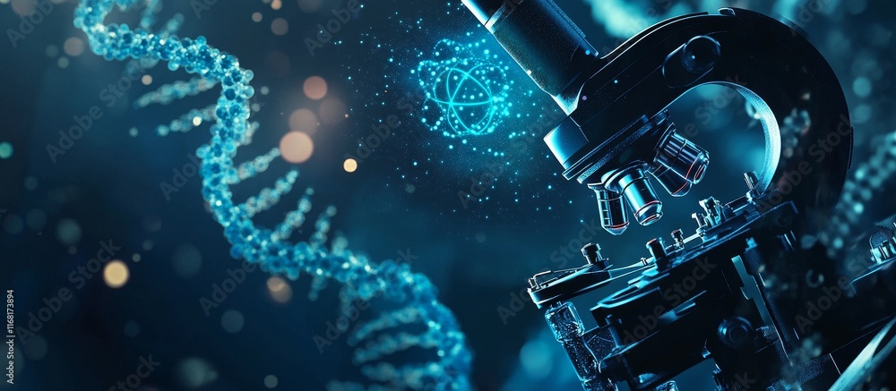 Poster microscopic view of dna strand and atom.