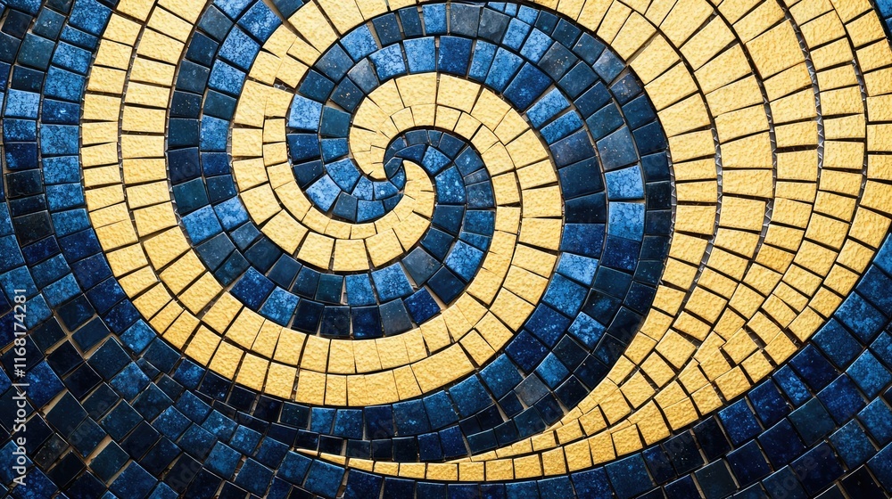 Poster mosaic abstract background idea. a vibrant spiral mosaic design with blue and yellow tiles creating 