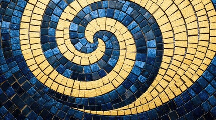 Fototapeta premium Mosaic abstract background idea. A vibrant spiral mosaic design with blue and yellow tiles creating a stunning pattern.