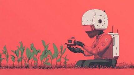 Robot tending to plants in a minimalist setting.