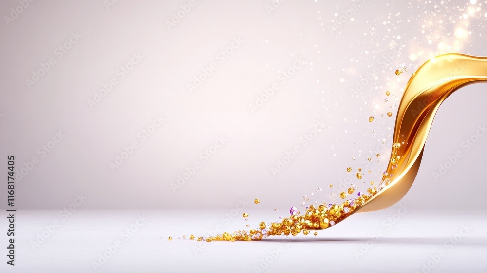 Poster a flowing golden ribbon with sparkling particles on a soft background.