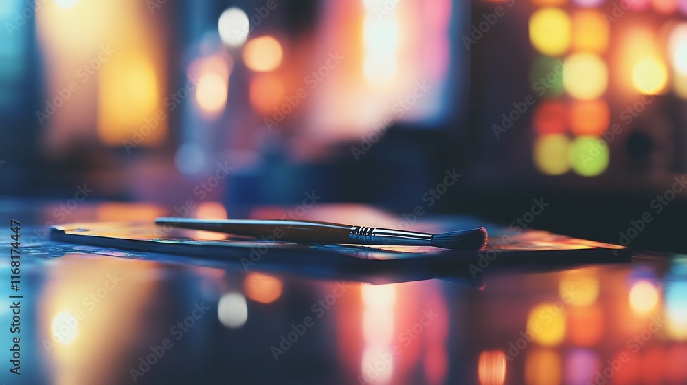 Poster paintbrush and palette on reflective surface with bokeh lights.
