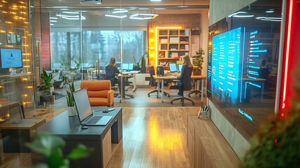 Modern Office Workspace: Warm Lighting, Tech Focus, and Serene Ambiance