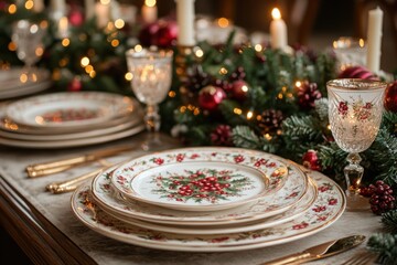 Elegant holiday dining table set with decorative plates and festive decor