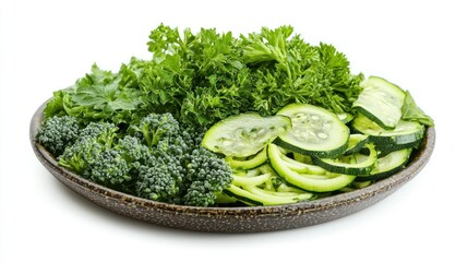 Obraz premium A plate of fresh green vegetables broccoli parsley and zucchini