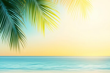 Fototapeta premium Tropical Paradise with Palm Leaves and Bright Sunset Over Calm Ocean Waters