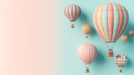 Pastel Hot Air Balloons Floating on Soft Pink and Blue Background Dreamy Travel Concept