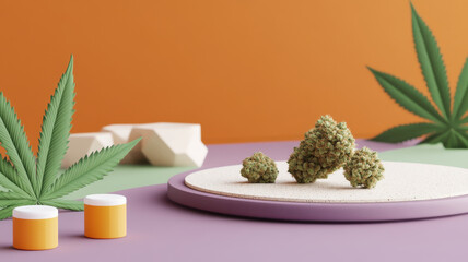 Fresh cannabis buds on circular plate with vibrant background colors, 3D illustration