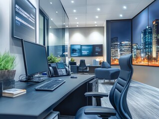 Modern Executive Office: Night Cityscape View, Sleek Design