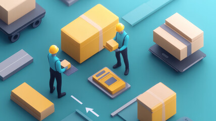 Efficient warehouse workers handling packages in modern setting, 3D illustration