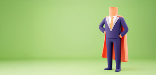 confident businessman in superhero pose with cape, 3D illustration