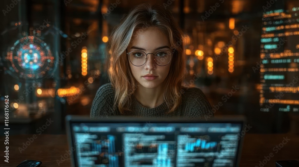 Poster focused individual analyzing data on laptop in tech-inspired environment