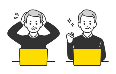 パソコンを見て焦る･ガッツポーズをするシニア男性･高齢者のセット【人物ベクターイラスト素材】