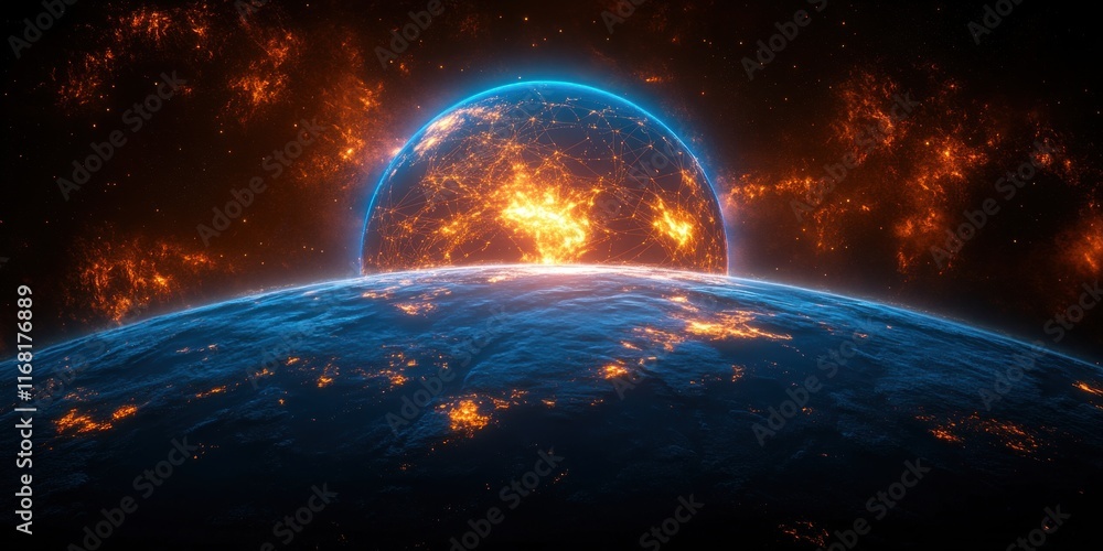 Poster 3d digital map of europe glowing from space global connectivity and data transfer in cyber technolog
