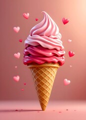 Delicious Pink Ice Cream Cone with Hearts, Perfect for Valentine's Day