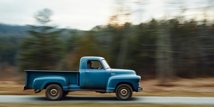 Blue vintage pickup truck driving fast on a rural road, man driving.