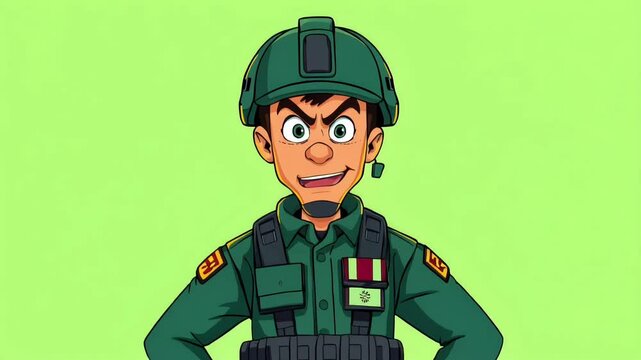 Animated soldier in green uniform with an intense expression, perfect for action or educational content.