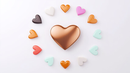 Fototapeta premium Stylish heart shaped gold surrounded by colorful hearts on white, 3D illustration