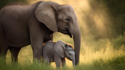 A mother elephant and her calf walking together in a natural setting. The image captures the bond between mother and child and the beauty of nature.