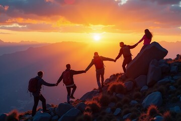 Teamwork Triumph: Silhouettes of Hikers Climbing Mountain at Sunset, Perfect for Inspirational Posters and Motivational Wall Art.