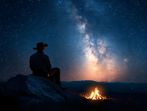 Silhouetted cowboy sits on rock, gazing at campfire and Milky Way. - Powered by Adobe