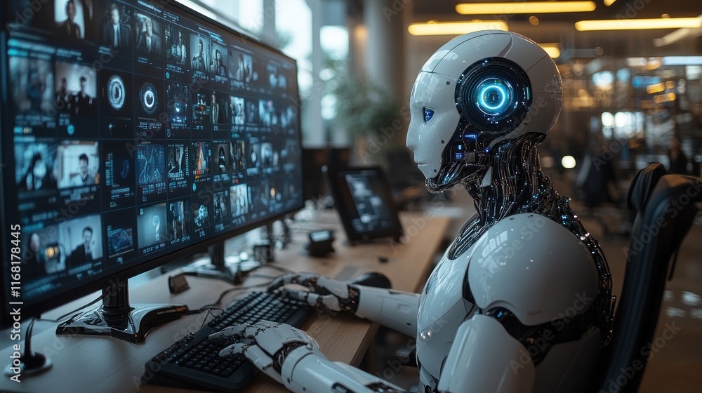 Poster humanoid robot interacting with computer displaying various data screens