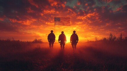 Fototapeta premium Silhouetted soldiers against vibrant sunset with American flag