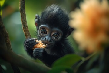 Obraz premium Adorable baby monkey eating fruit in lush green foliage.