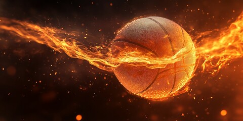 Fiery basketball engulfed in flames, dynamic motion.