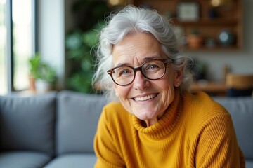 Happy Senior Woman Smiling in Comfortable Living Room Perfect for Family, Health, and Wellness Concepts.