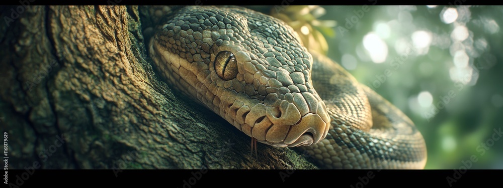 Poster a close-up view of a majestic python resting on a textured tree branch surrounded by lush greenery a
