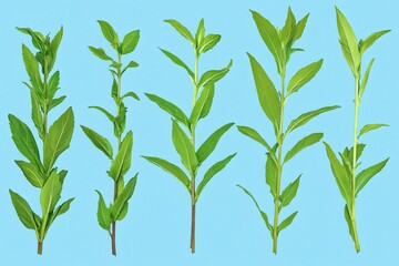 Fototapeta premium Fresh Green Herb Stems with Vibrant Leaves on Blue Background for Culinary Use