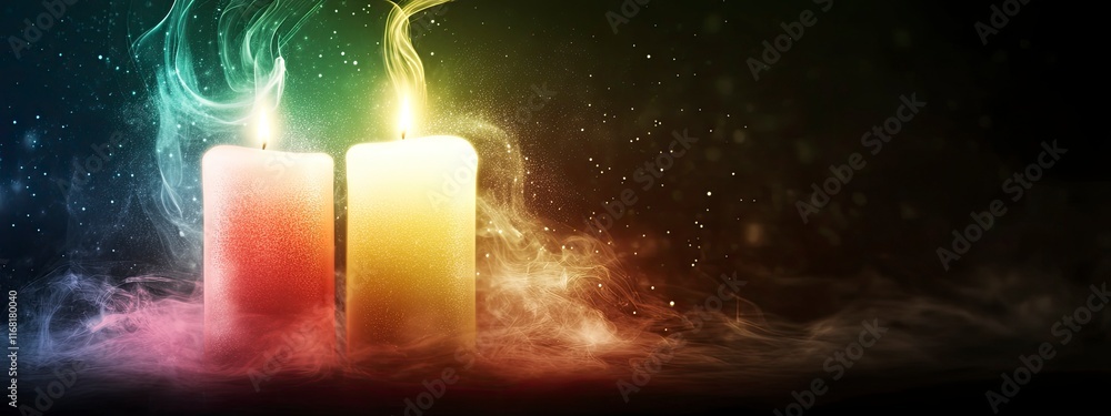 Poster two glowing candles surrounded by ethereal smoke and shimmering particles creating a mystical atmosp