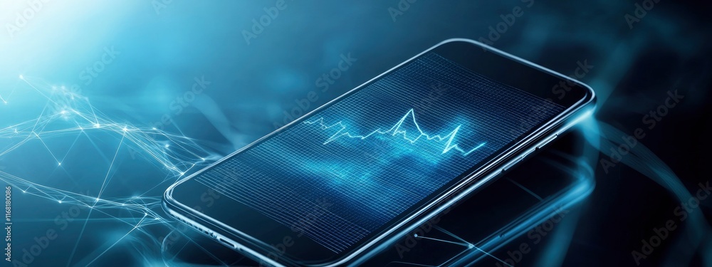 Poster futuristic smartphone displaying a digital heartbeat monitor on a sleek surface with a techno-inspir
