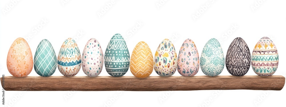 Poster a colorful display of beautifully decorated easter eggs arranged in a row on a rustic wooden shelf a