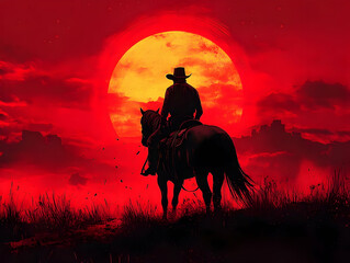 Silhouette of cowgirl on horseback at sunset.