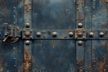 Fototapeta premium Rustic blue metal door with rivets and latch.