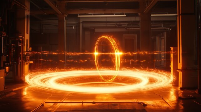 A glowing trail of charged particles spiraling in a cyclotron, captured in stunning clarity.