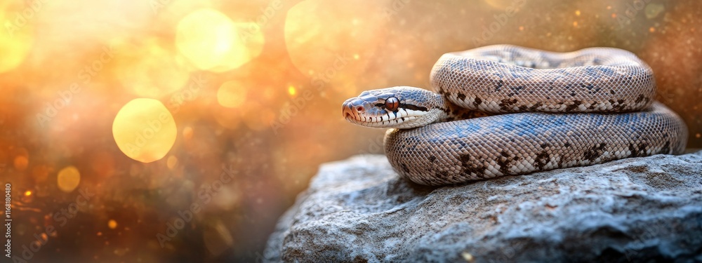 Poster a beautiful snake coiled on a rock with a blurred golden background of shimmering light creating an 