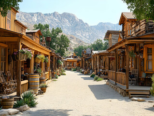 Sunny day in a classic western town, wooden buildings line a sandy street, mountains in background.