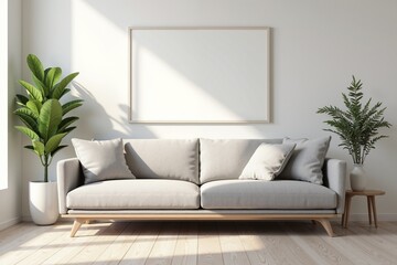 Modern Living Room Decor: Grey Sofa, Green Plants, and Minimalist Wall Art for a Calming and Stylish Space.