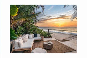 Tropical beach sunset view from a beachfront patio with comfortable seating.
