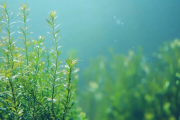 Lush Green Aquatic Plants Underwater in Soft Focus with Beautiful Blue Gradient