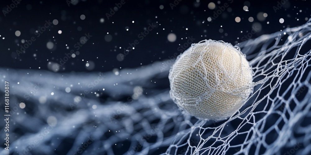 Poster abstract textured sphere in net, dark background.