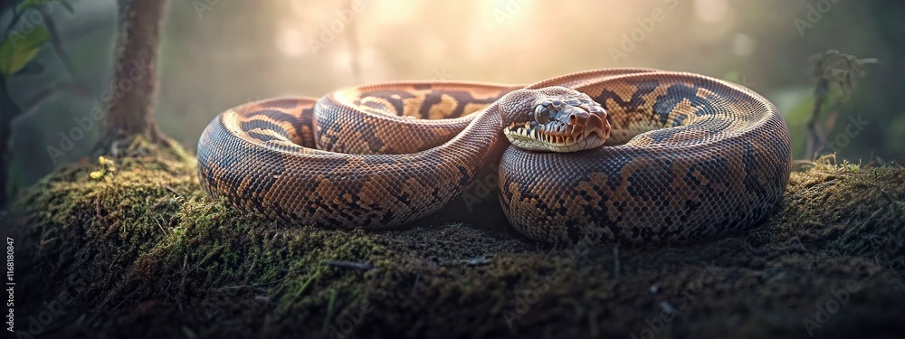 Poster a captivating close-up of a beautifully patterned snake resting on moss in a serene natural environm